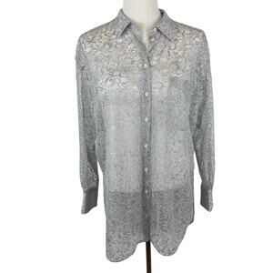 Anthropologie Lace Sheer Button-Down Shirt Top Silver Shimmer Metallic Blouse XL